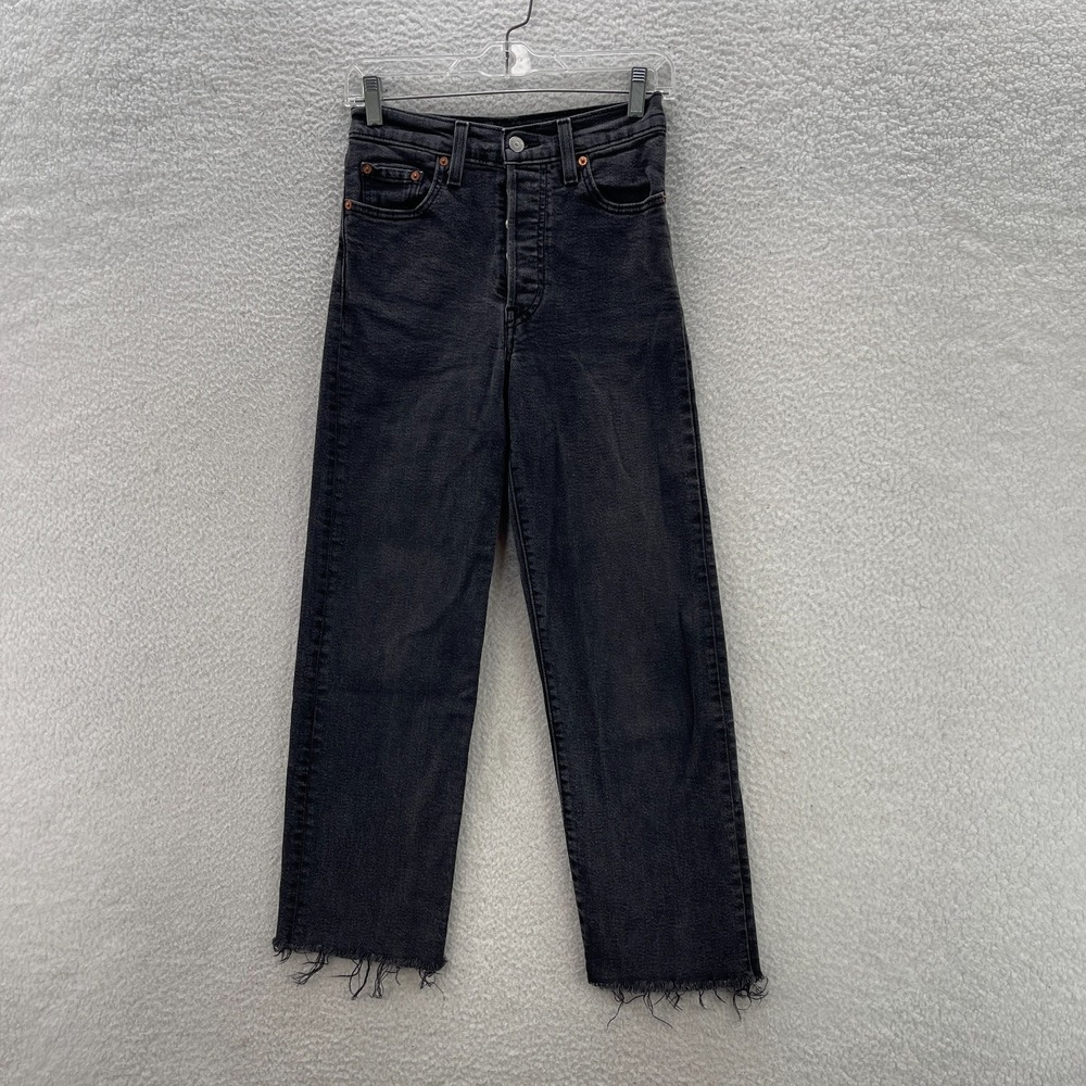 Levis Jeans Womens 25 Black Ribcage Straight Ankle Dark Wash Raw Hem Boho Y2K